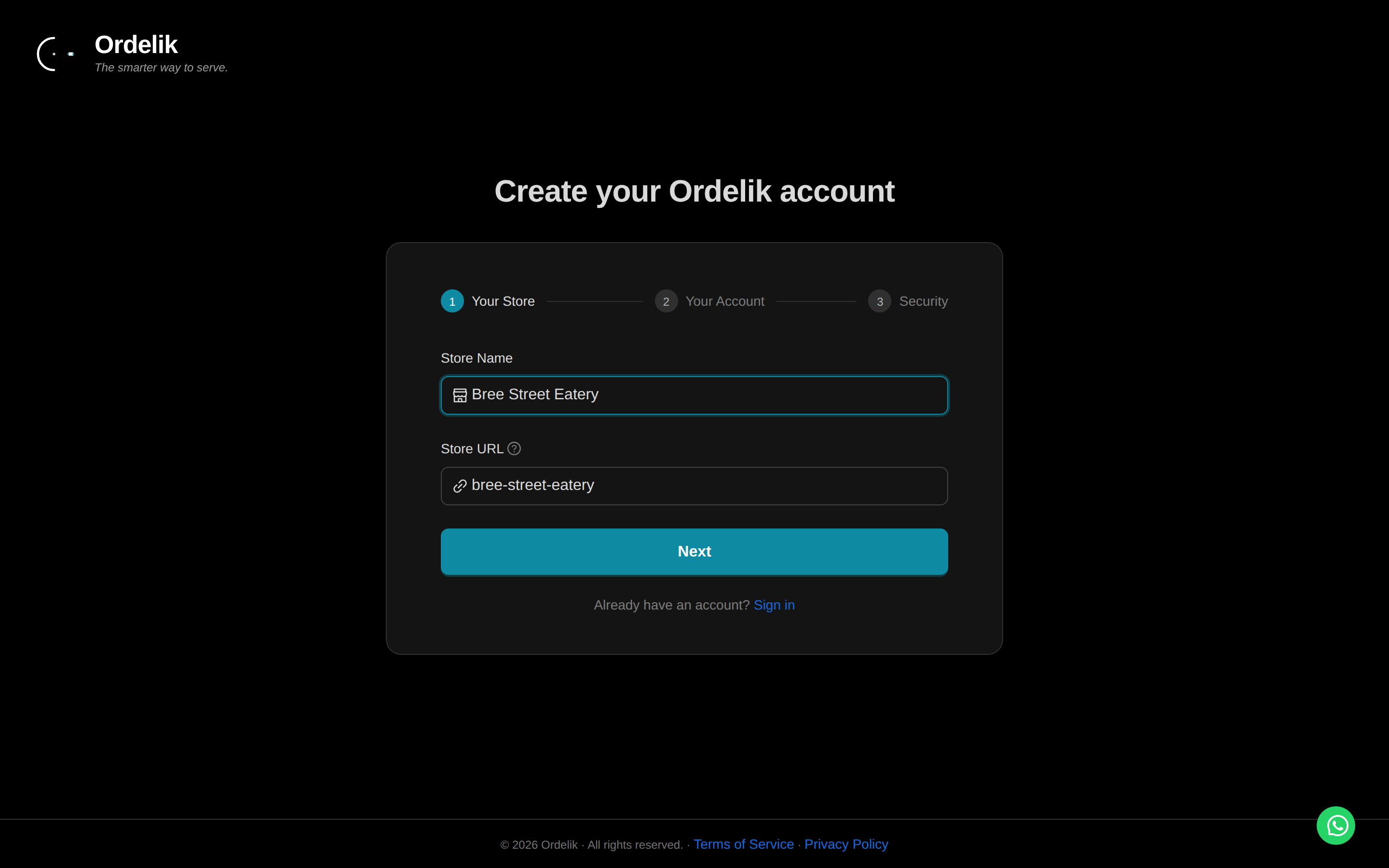 Signing up: typing a store name auto-generates its store URL