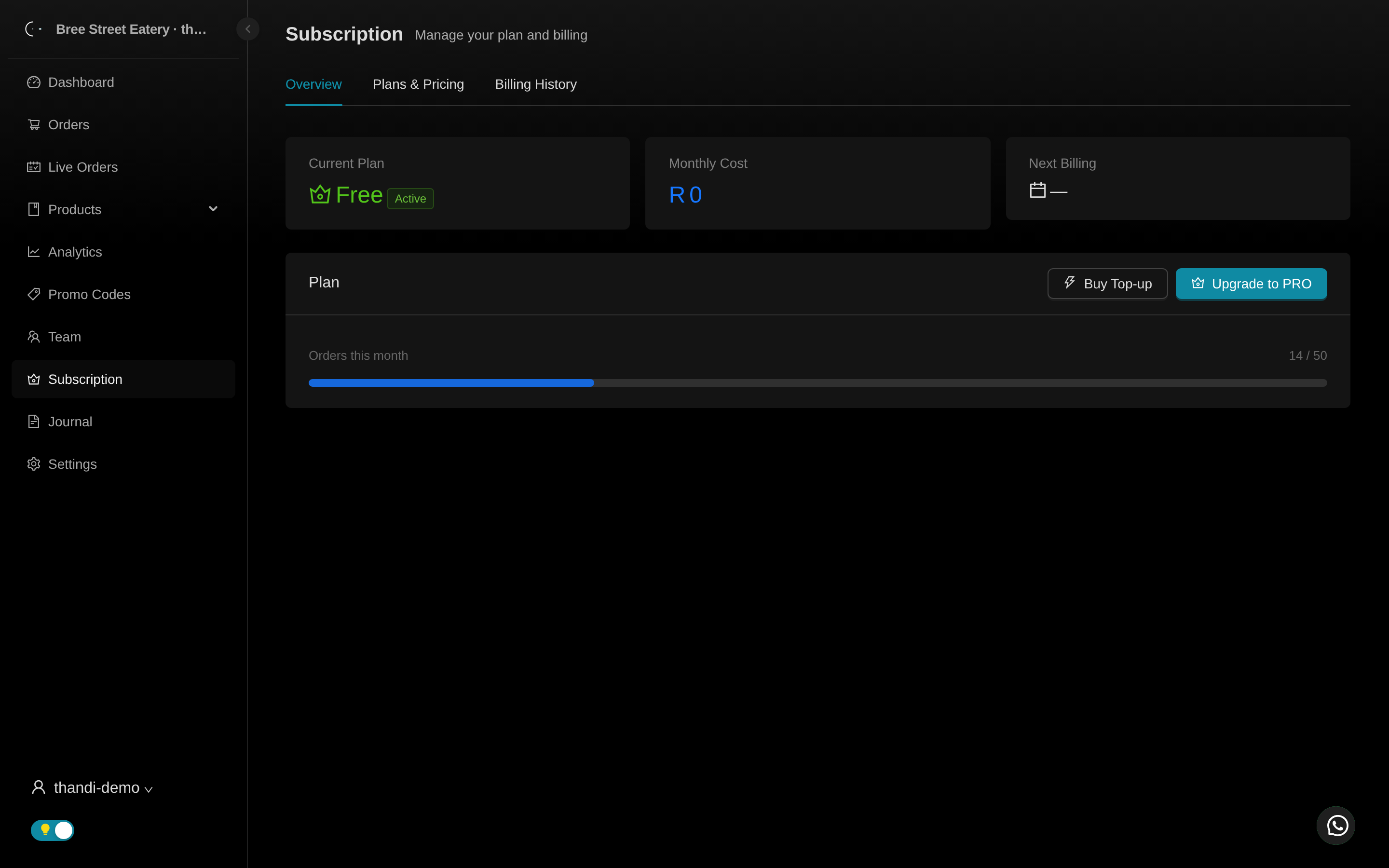 Subscription and billing page